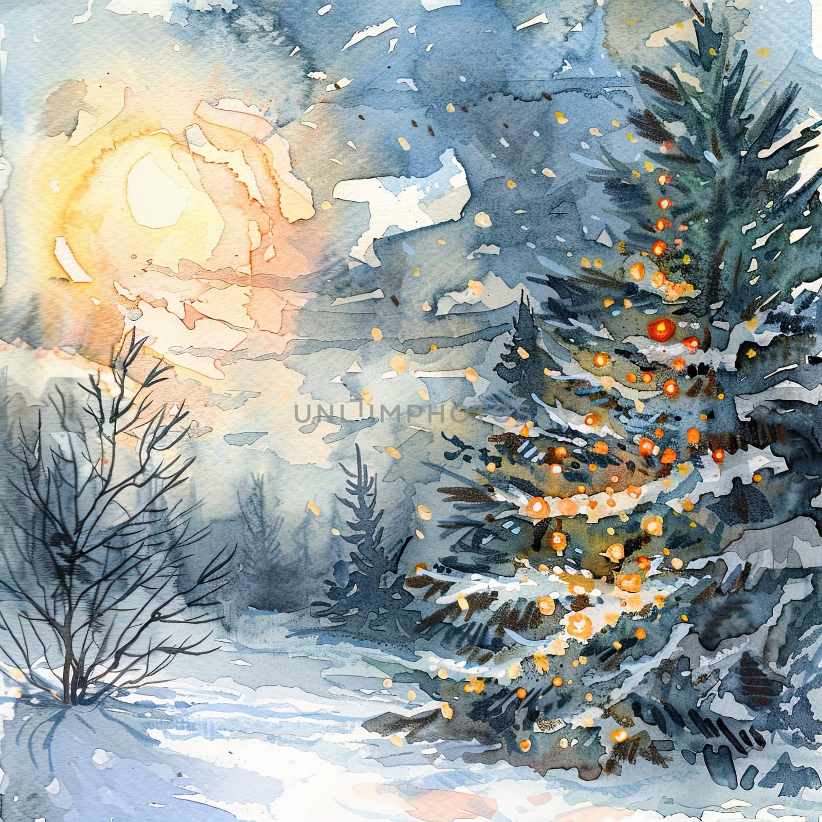 This tranquil winter landscape captures a decorated evergreen tree glowing with lights, surrounded by soft snow and distant trees under a twilight sky as New Year approaches.