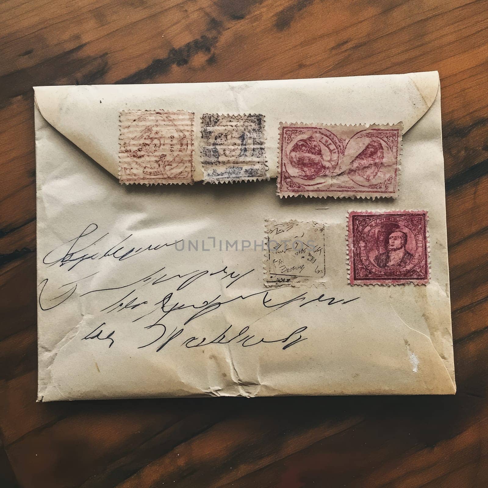 An antique envelope features vintage postage stamps and elegant handwriting. The detailed address hints at a personal correspondence from history, emphasizing a nostalgic connection.