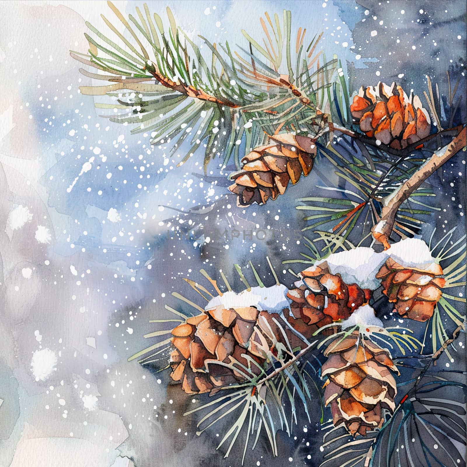 A delicate watercolor captures winter pine cones surrounded by snow, evoking a peaceful New Year’s atmosphere in a tranquil, snowy setting.