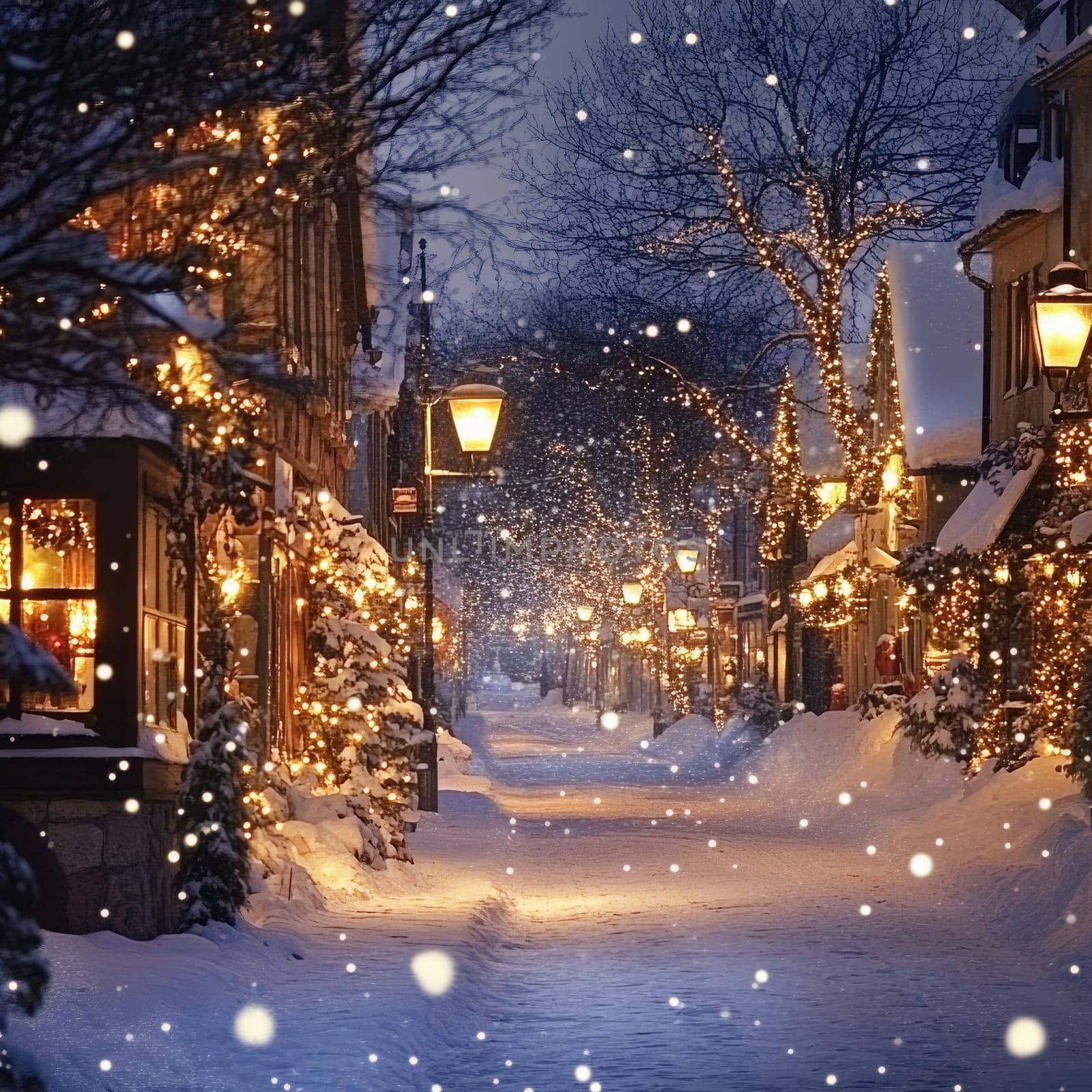 The peaceful street is blanketed in snow, with quaint buildings adorned with glowing lights. Snowflakes gently drift down, enhancing the holiday charm of the evening.