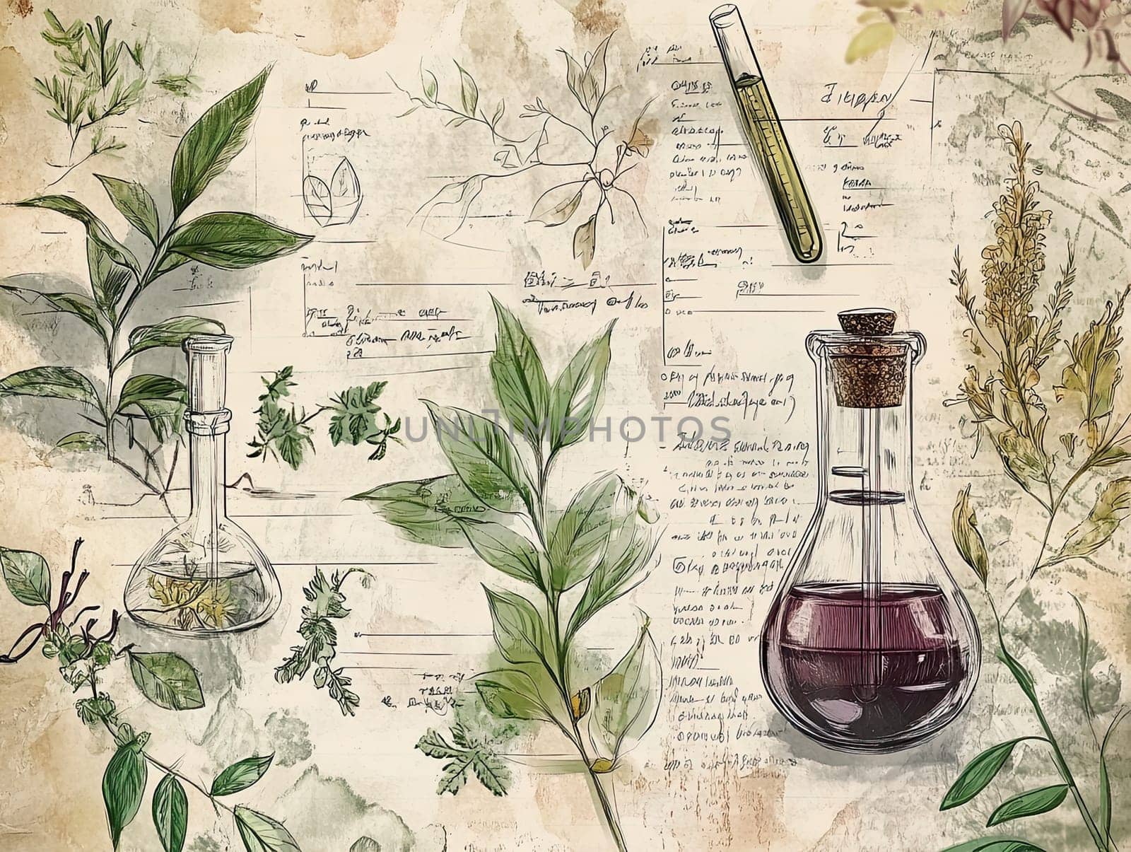 A collection of botanical sketches showcases various plants beside glass containers filled with liquids, accompanied by handwritten notes, creating a vintage scientific aesthetic.