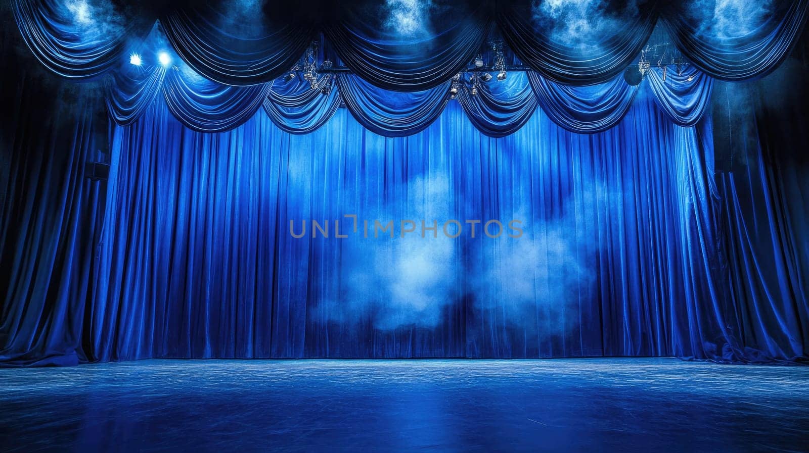 The stage is set with rich blue curtains draping elegantly, enhanced by dramatic lighting that creates a mystical ambiance, ready for a captivating performance.