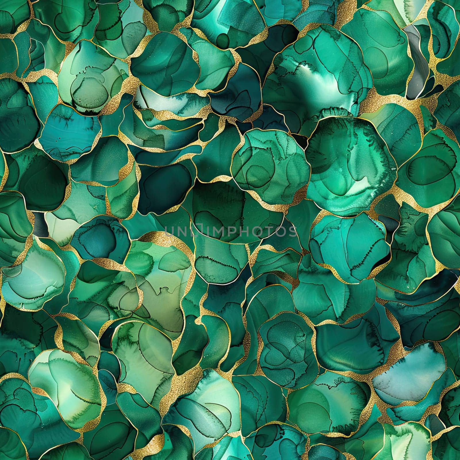 An intricate composition showcases overlapping green forms accented with gold outlines, highlighting the beauty of fluid art. The rich textures create a vibrant visual.