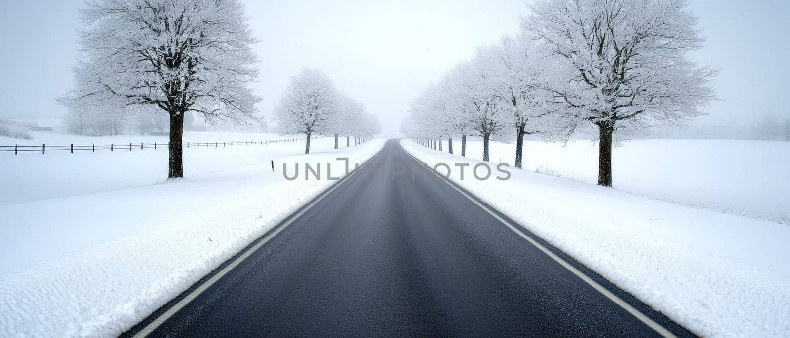 serene winter scene with snow covered trees lining quiet road.
