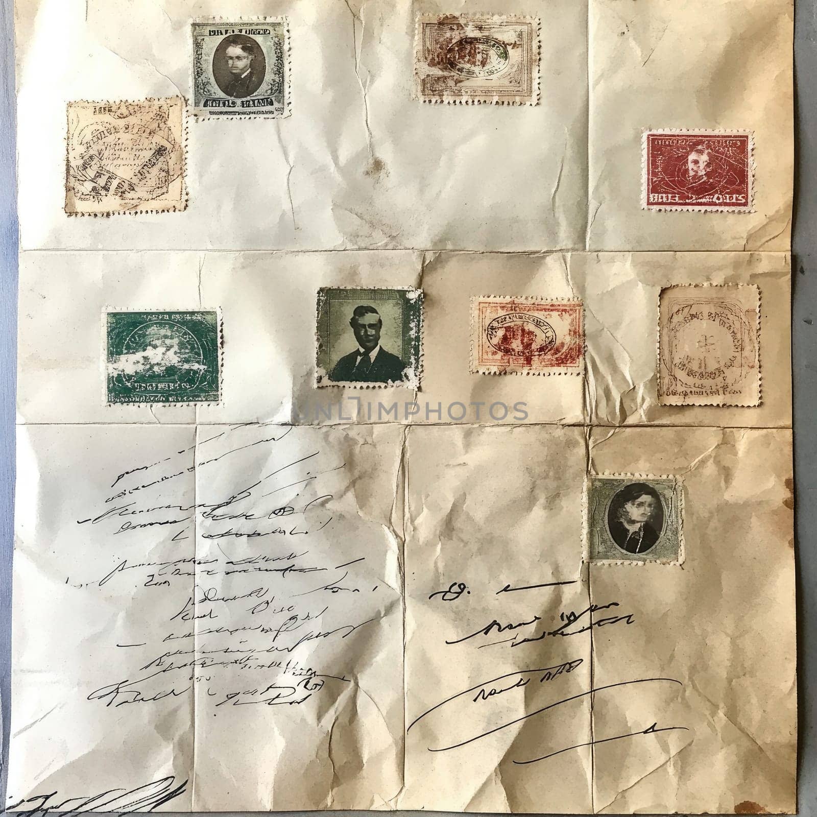 A collection of rare historical stamps is arranged on yellowed paper, featuring various designs, accompanied by a handwritten letter filled with personal notes and signatures.