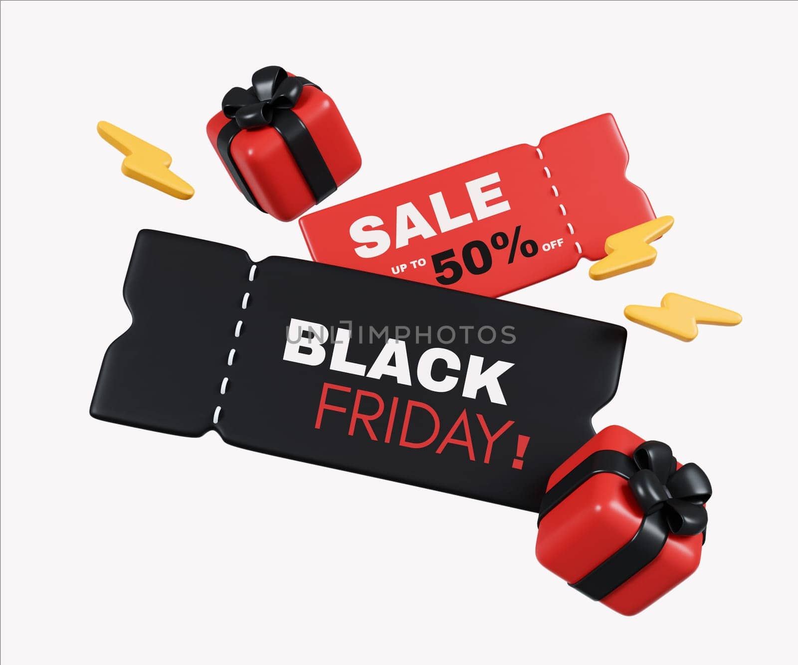 A 3D render illustrating Black Friday sale tags offering up to 50 percent off, paired with gift icons, epitomizing retail shopping excitement