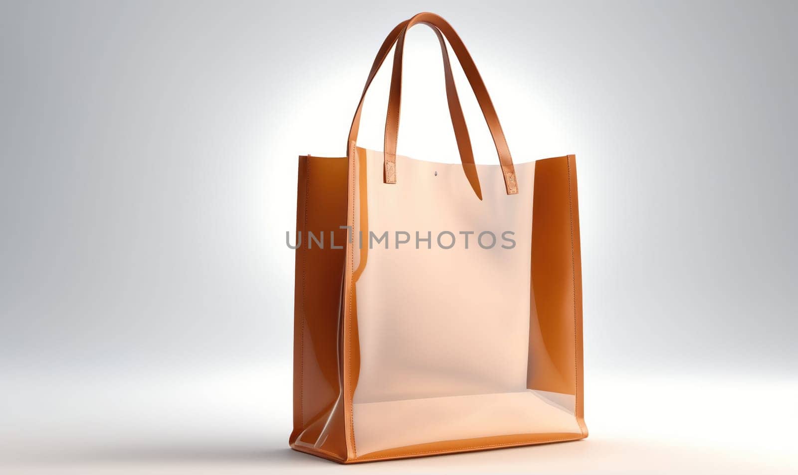 A large, clear, tote bag with brown leather trim and handles sits on a white, reflective surface. The bag appears to be empty.