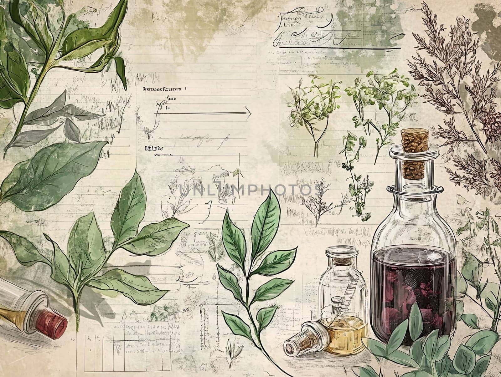 An array of botanical herbs and essential oils is displayed alongside sketches and notes, showcasing the intricate details of various plants on a textured backdrop.