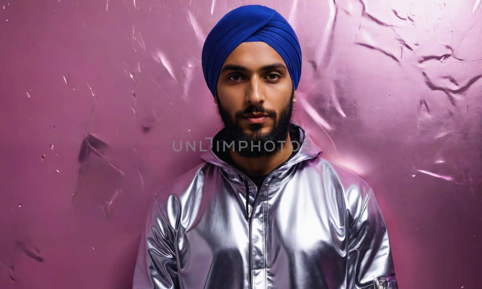 The image shows a man wearing a blue turban and a silver jacket. He is standing in front of a pink wall.