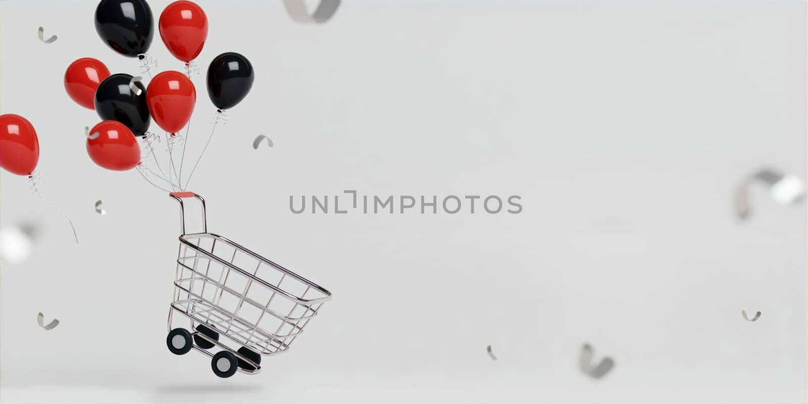 A 3D render showcasing red and black balloons lifting a shopping cart, embodying Black Friday shopping excitement and creative retail advertising trends