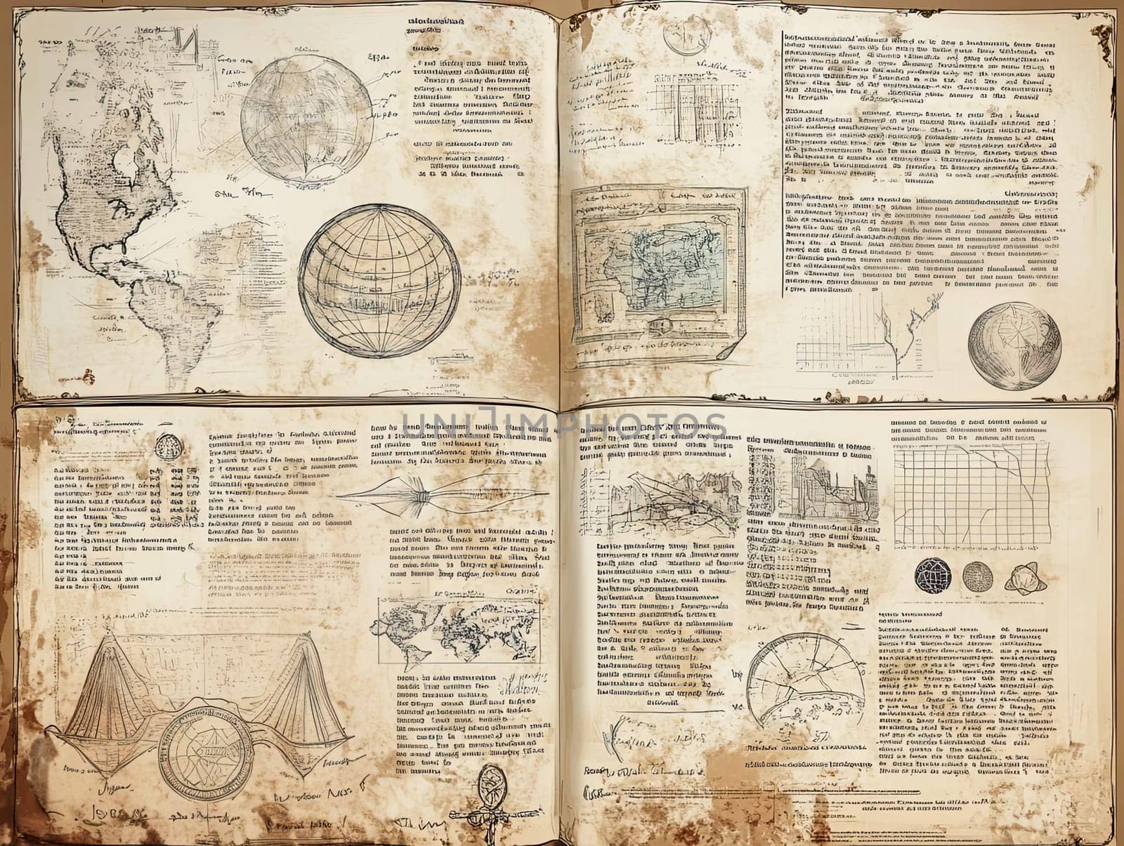 A detailed infographic menu features various geographical maps, charts, and historical data. The visual presentation highlights important information preserved in an aged book format.