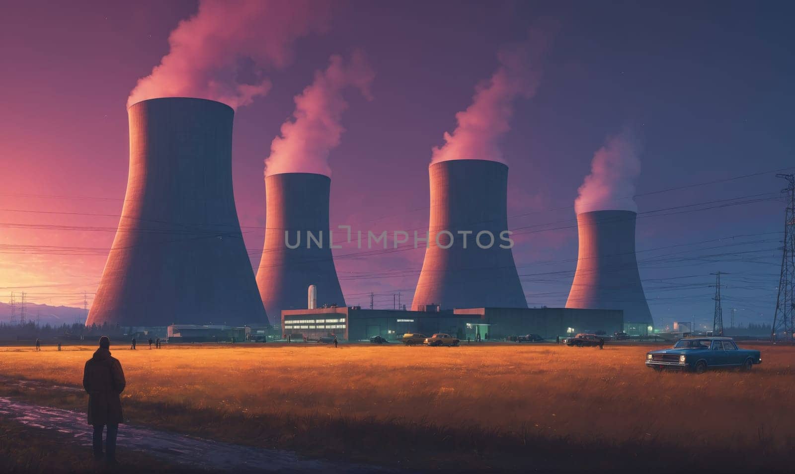 A man walks through a field of yellow grass next to a power plant. The sky is orange and the power plant is emitting smoke