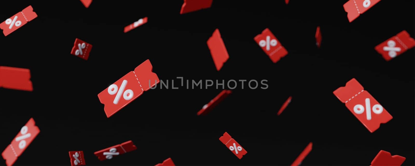 A 3D render of red discount vouchers with percentage symbols floating in a dark backdrop, illustrating modern retail discount trends during Black Friday