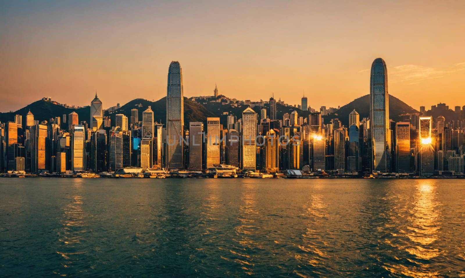 A wide shot of the Hong Kong skyline at sunset. The sun is setting behind the city, casting a warm, golden light on the skyscrapers. The water in the harbor is calm and reflects the light of the sky.