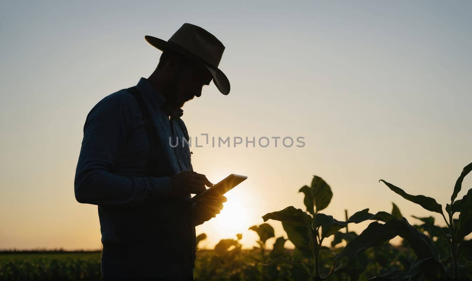 A silhouette of a farmer wearing a hat and overalls uses a tablet computer in a field of crops at sunset. The sun is setting in the background.