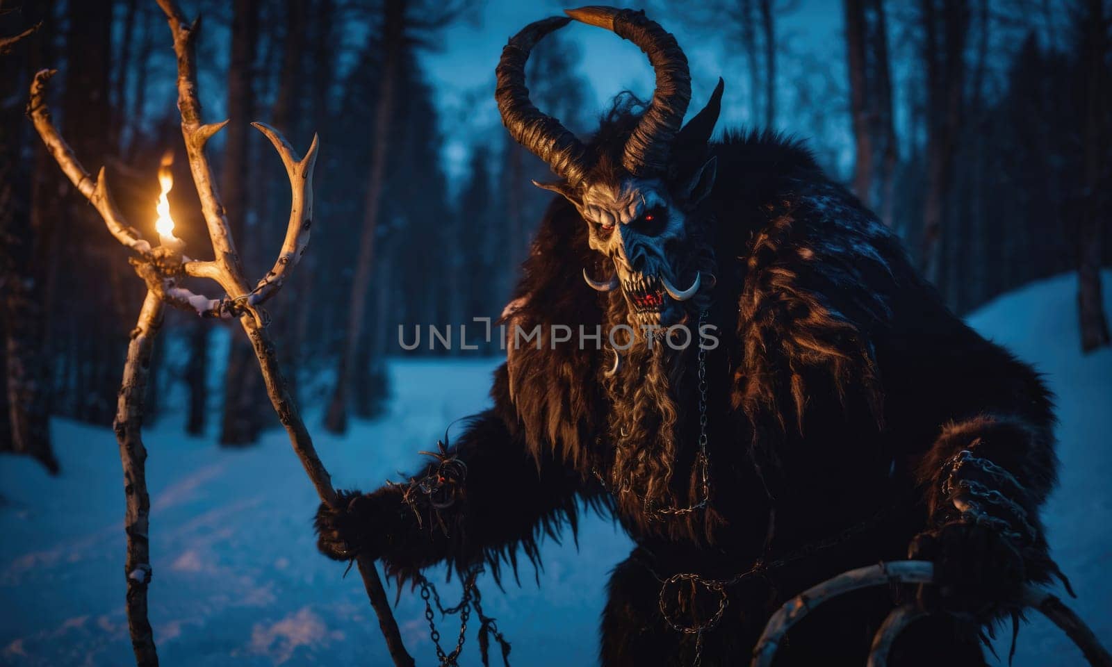 A figure in a dark, furry costume walks through a snowy forest at night. The figure has horns and a skull mask, and is holding a burning torch. The figure's eyes are glowing