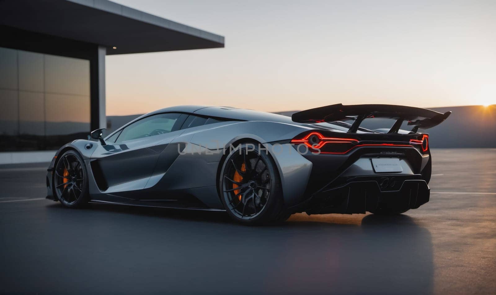 A silver sports car with a large rear wing and red taillights is parked on a paved lot in front of a modern building. The sun is setting in the background, casting a warm glow on the scene.