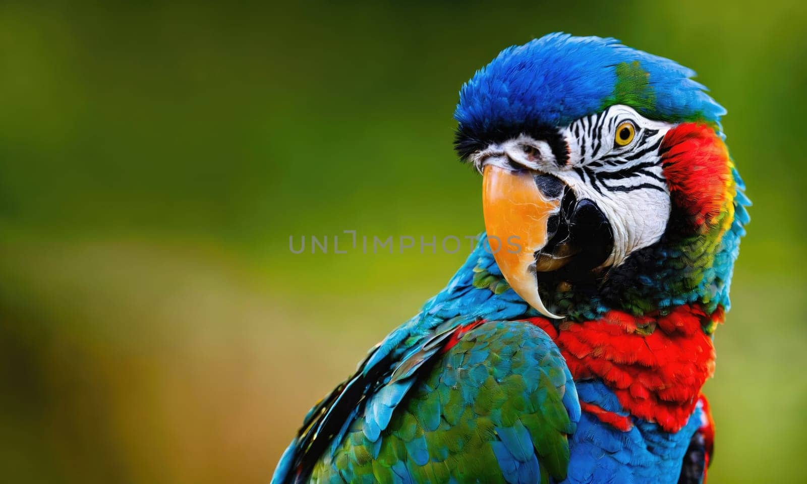 A close-up shot of a macaw with bright blue feathers on its head and neck, red feathers around its shoulders, and green feathers on its body