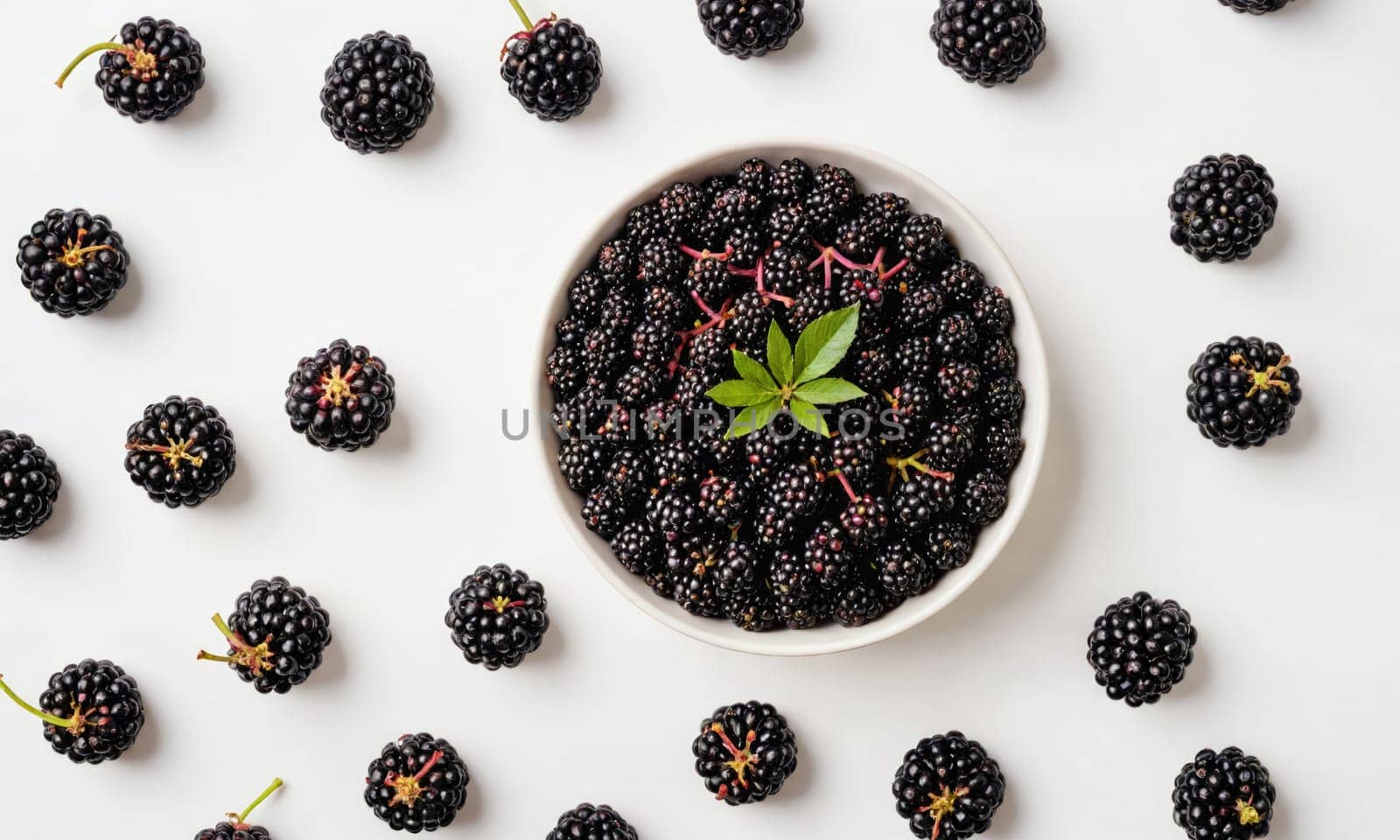 A bowl of blackberries is surrounded by individual blackberries on a white surface.