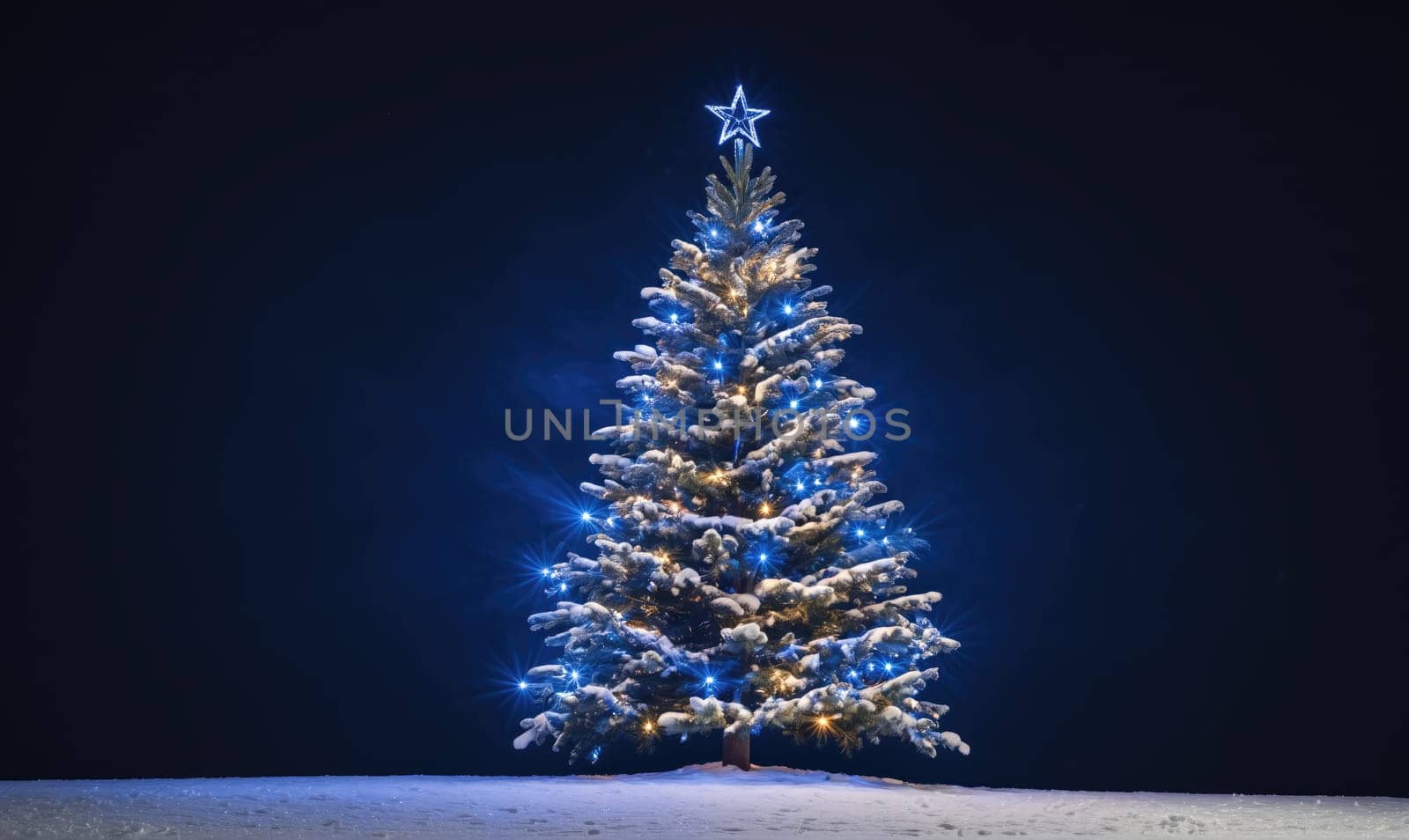 A snow-covered Christmas tree stands tall in the center of the image. The tree is adorned with blue lights and a star on top. The background is a dark blue sky.