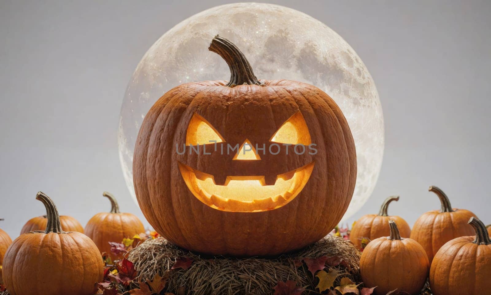 A lit jack-o'-lantern with a wide grin sits in the center of a group of pumpkins, illuminated by a full moon hanging in the background.