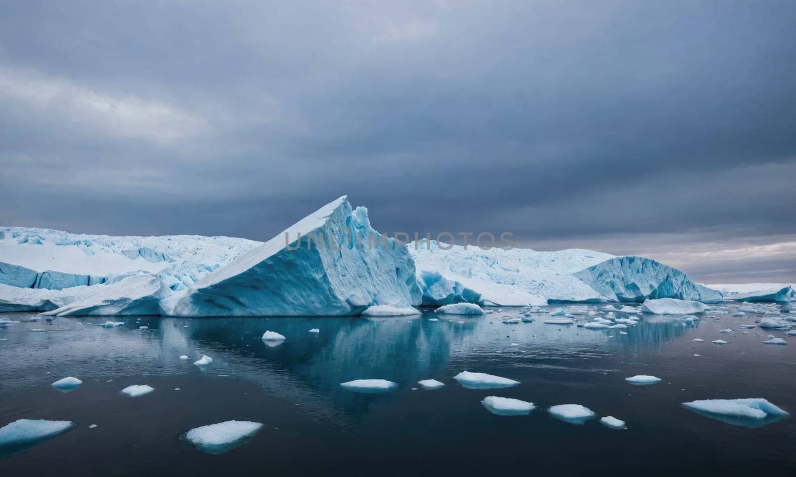 A large iceberg, with a distinctive, jagged peak, stands out against a backdrop of smaller icebergs and a cloudy sky. The iceberg is surrounded by calm, still water, reflecting its blue tones.