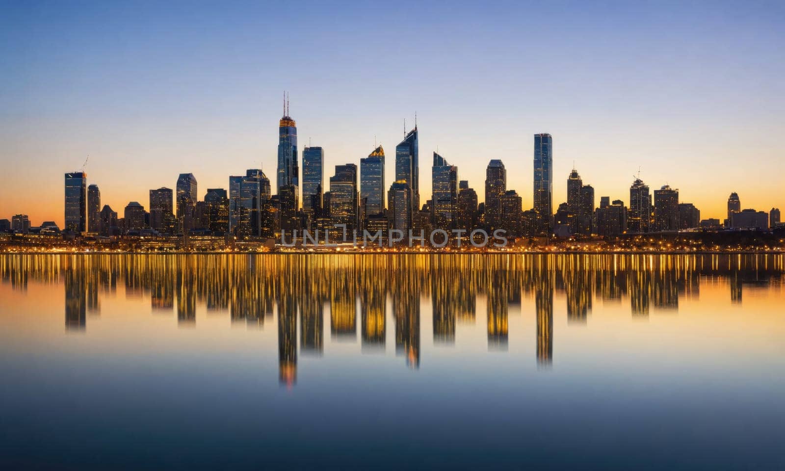 A panoramic view of the Seattle skyline at sunrise, showing the city's skyscrapers reflected in the water.