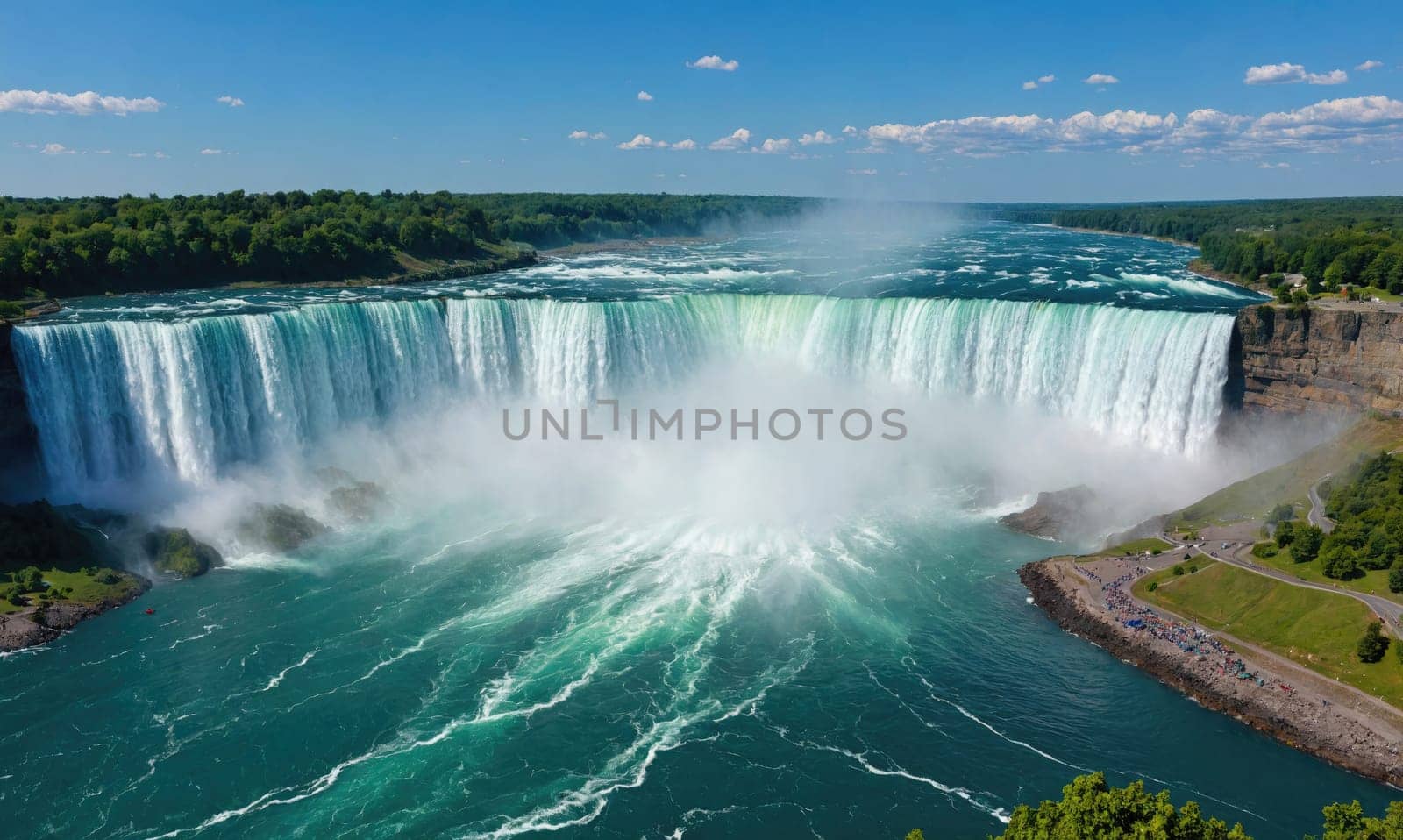 A panoramic view of Niagara Falls, showing the powerful cascade of water as it plunges over the cliff face and creates a large cloud of mist