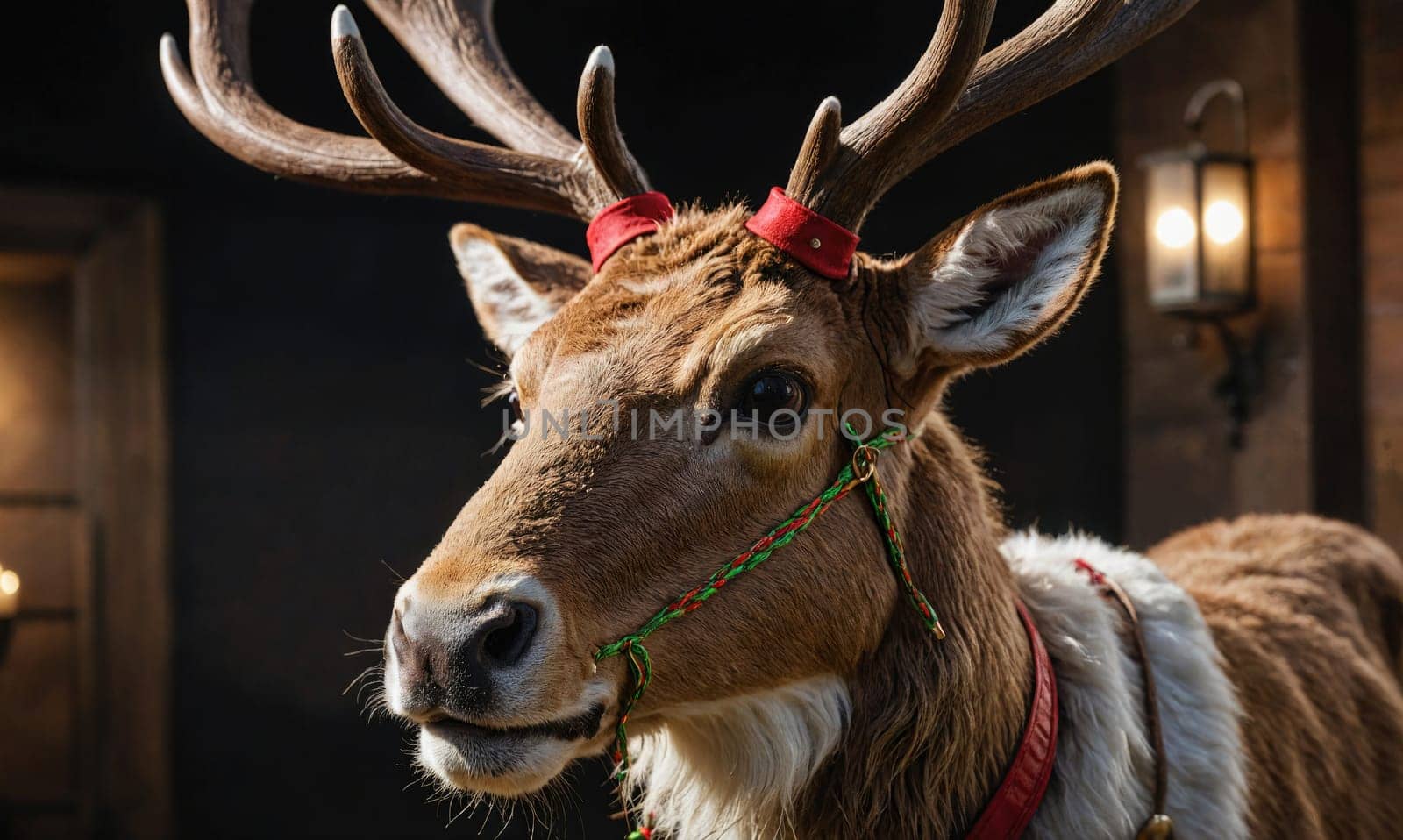 A reindeer with large antlers stands in a dimly lit room. The reindeer is wearing a red and green harness and has a white patch of fur on its neck.