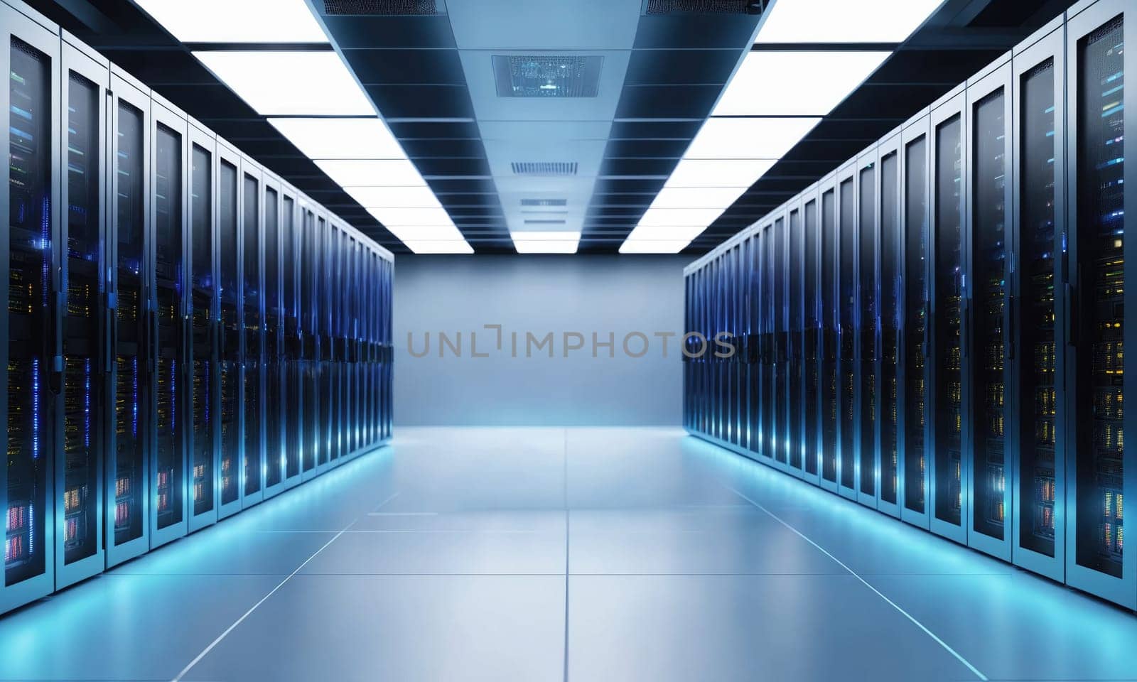 A hallway in a data center with rows of server racks on either side. The floor is clean and tiled, and the ceiling has bright lights.