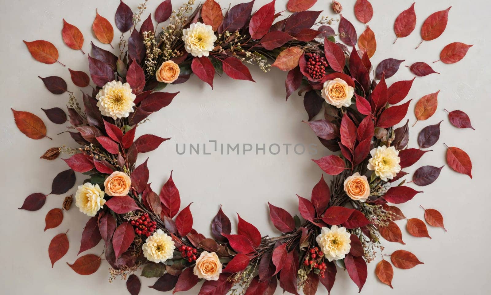 A wreath made of red leaves and white flowers is arranged on a light grey background. Loose red leaves are scattered around the wreath.