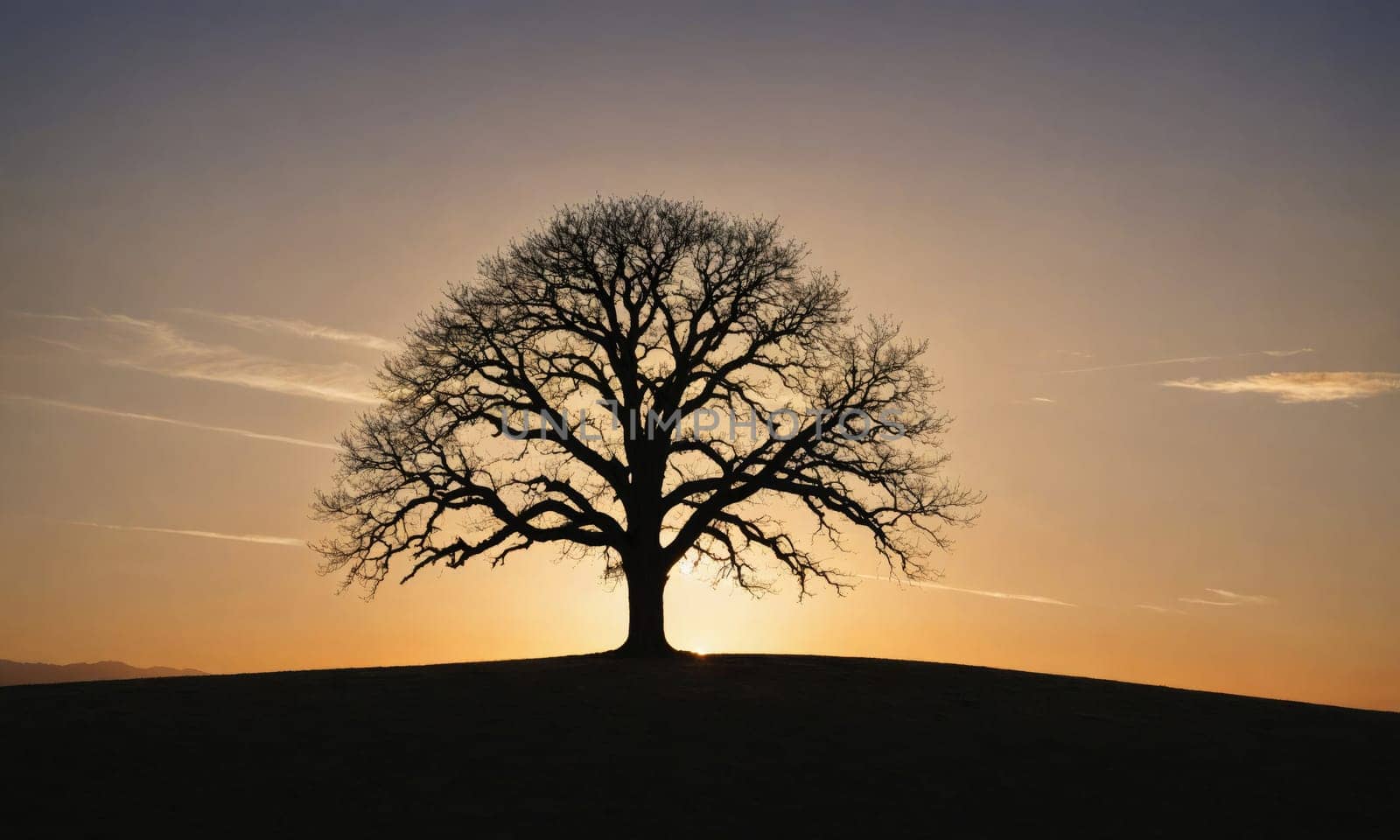 A large, bare-branched tree stands alone in a field, its silhouette outlined against the bright orange and yellow hues of a setting sun