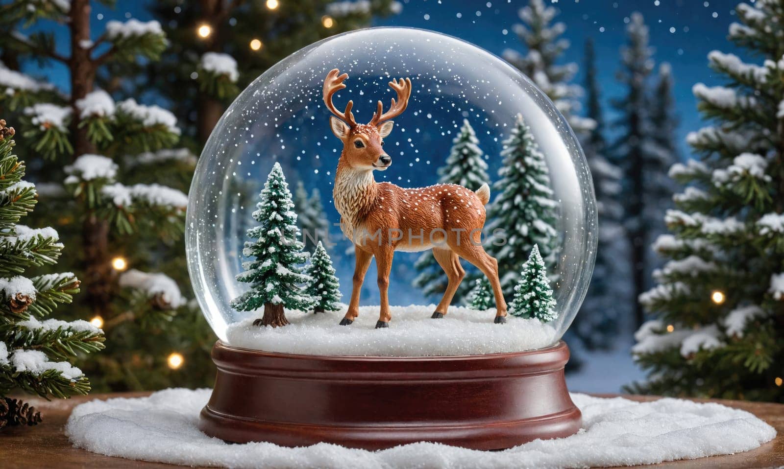 A snow globe with a deer inside sits on a snowy surface in front of a snowy evergreen tree