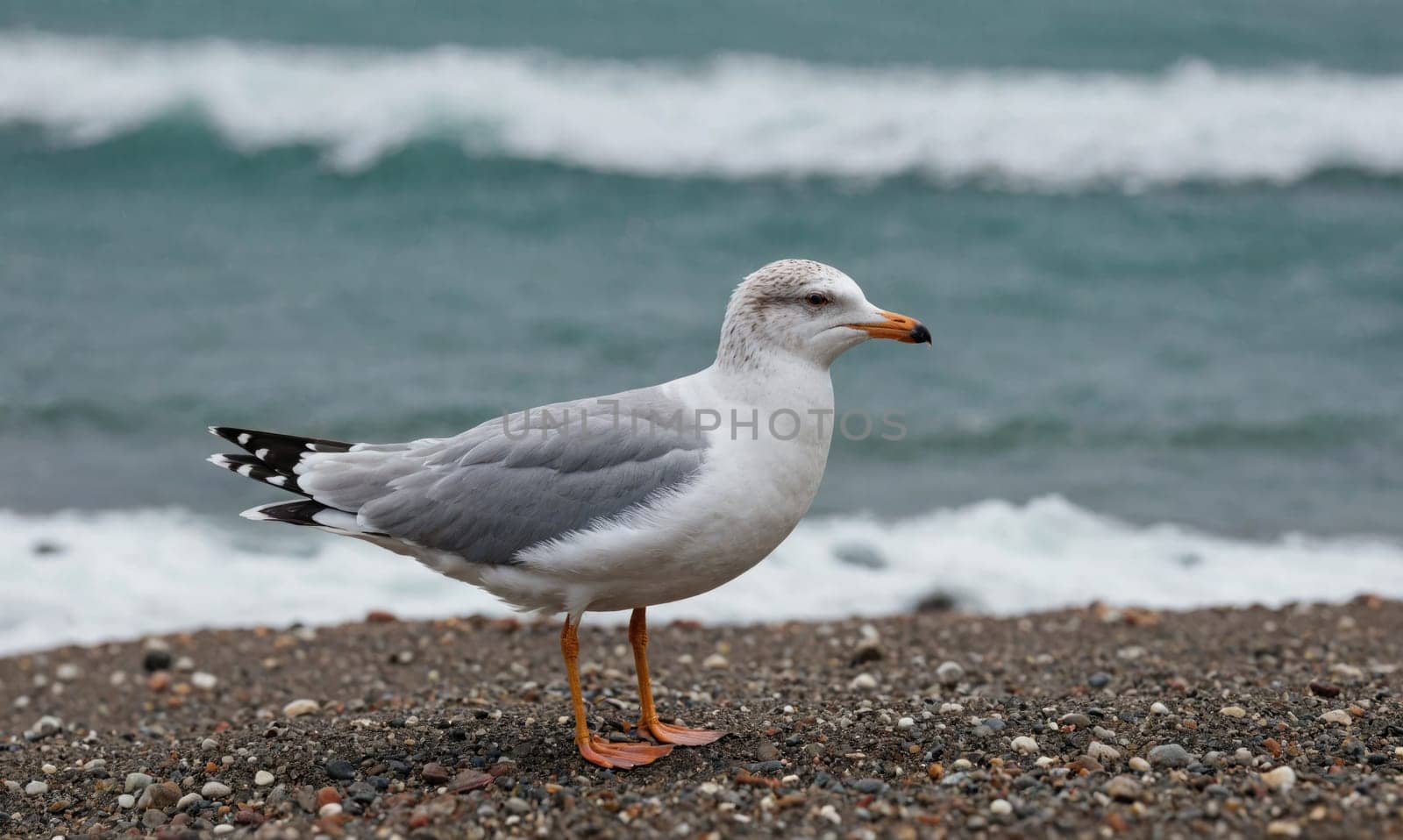 A white and gray seagull with black markings on its wings stands on a beach covered in small, dark pebbles. The ocean, with white capped waves, can be seen in the background.