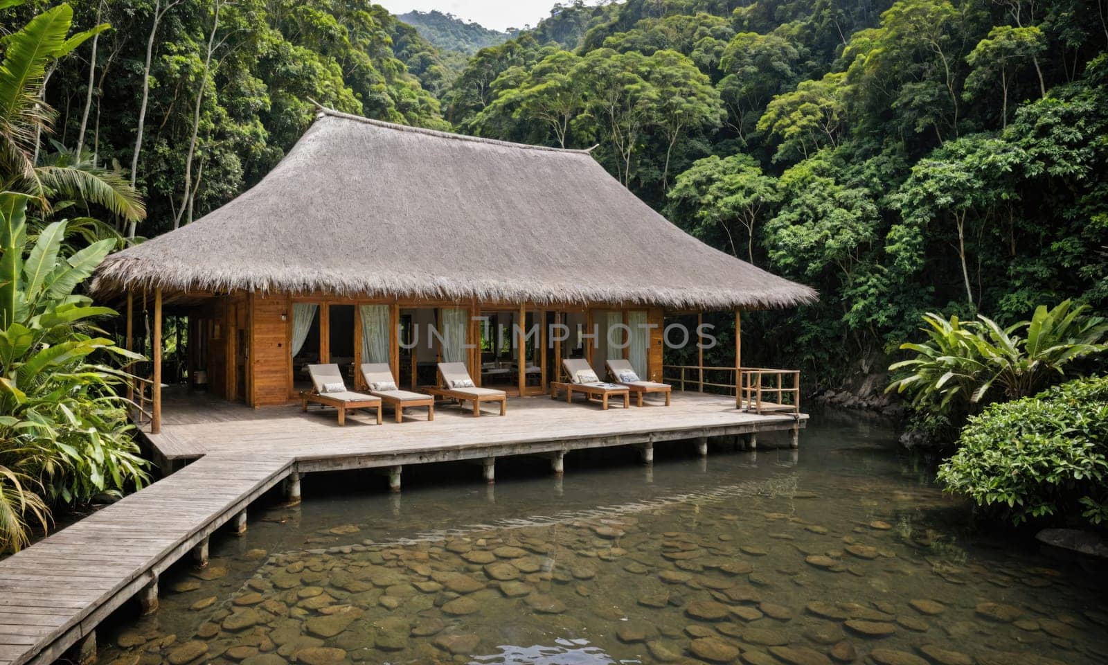 A wooden hut with a thatched roof sits on a wooden deck over a pond. The water is calm and clear, and there are visible rocks at the bottom