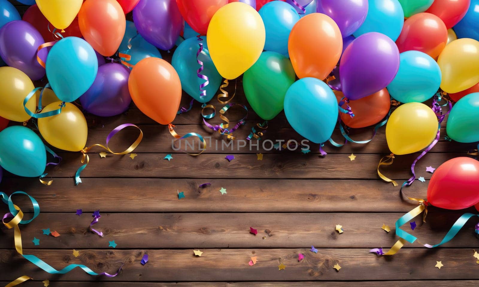 A wooden floor with a scattering of colorful balloons and ribbons. Some of the balloons are inflated, while others are deflated. There are also small, star-shaped confetti scattered across the floor.