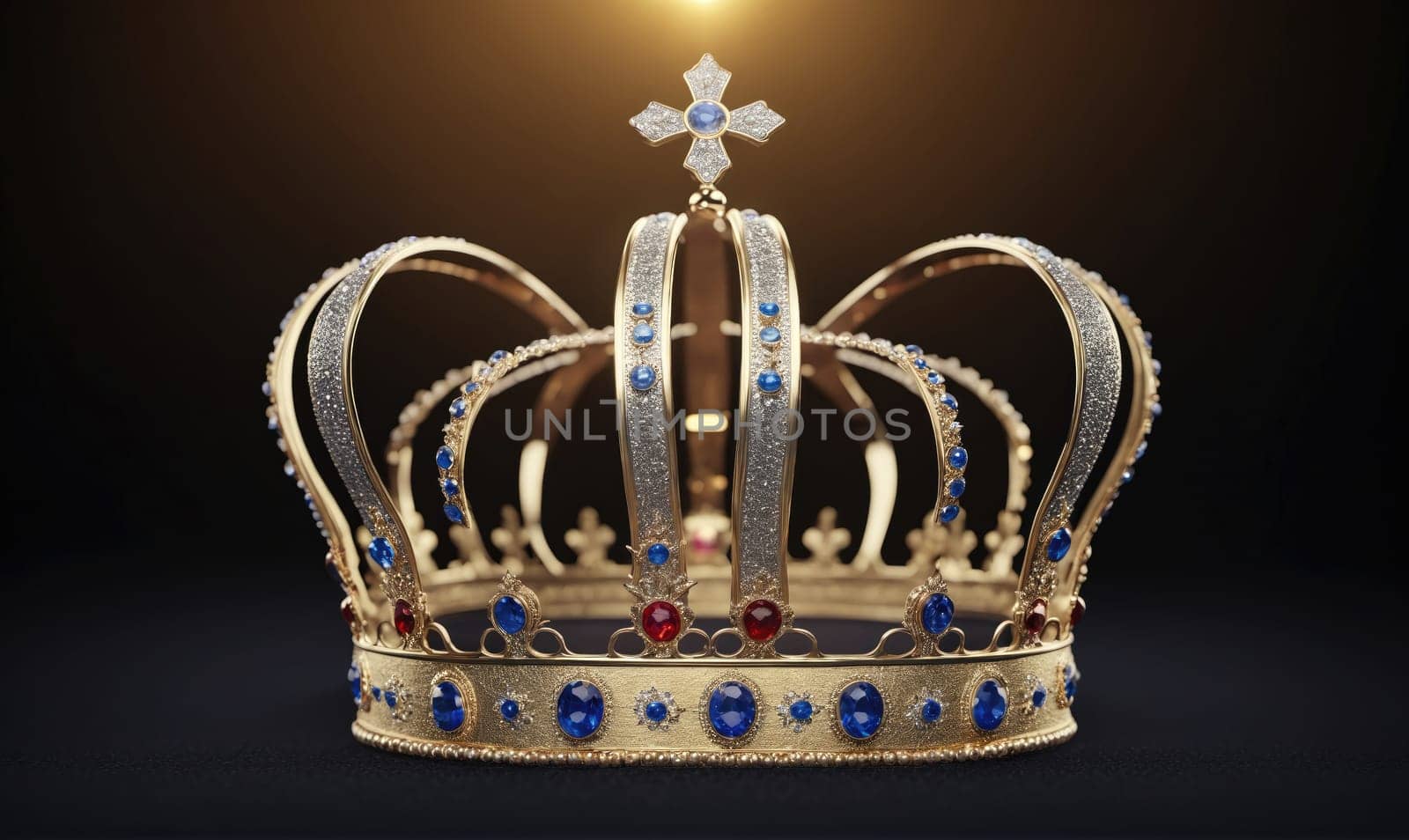 A golden crown with a cross on top is set against a dark background. The crown has blue gems and decorative flourishes. It is illuminated from above by a warm light.