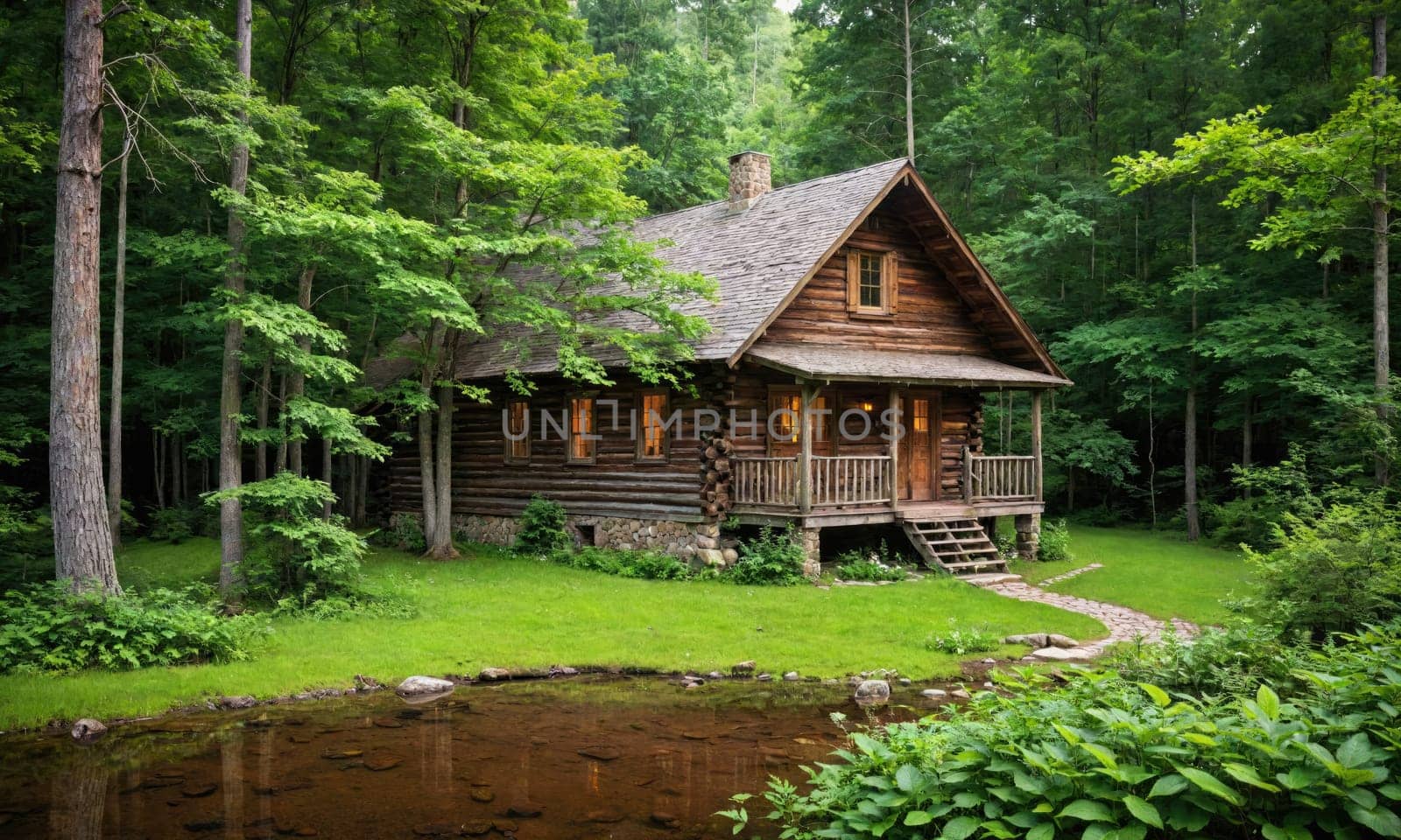 A log cabin with a porch and a wooden roof sits in a forest. The cabin is made of logs and has windows and a door. The cabin is surrounded by green trees and bushes