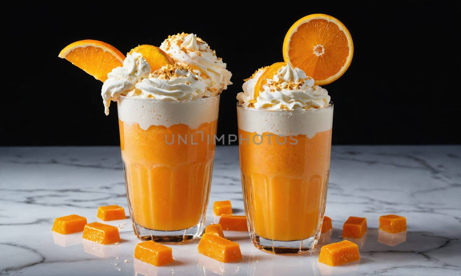 Two tall glasses filled with orange smoothies are topped with whipped cream and a slice of orange. The smoothies are sitting on a marble surface, with a few orange-flavored candies scattered around.