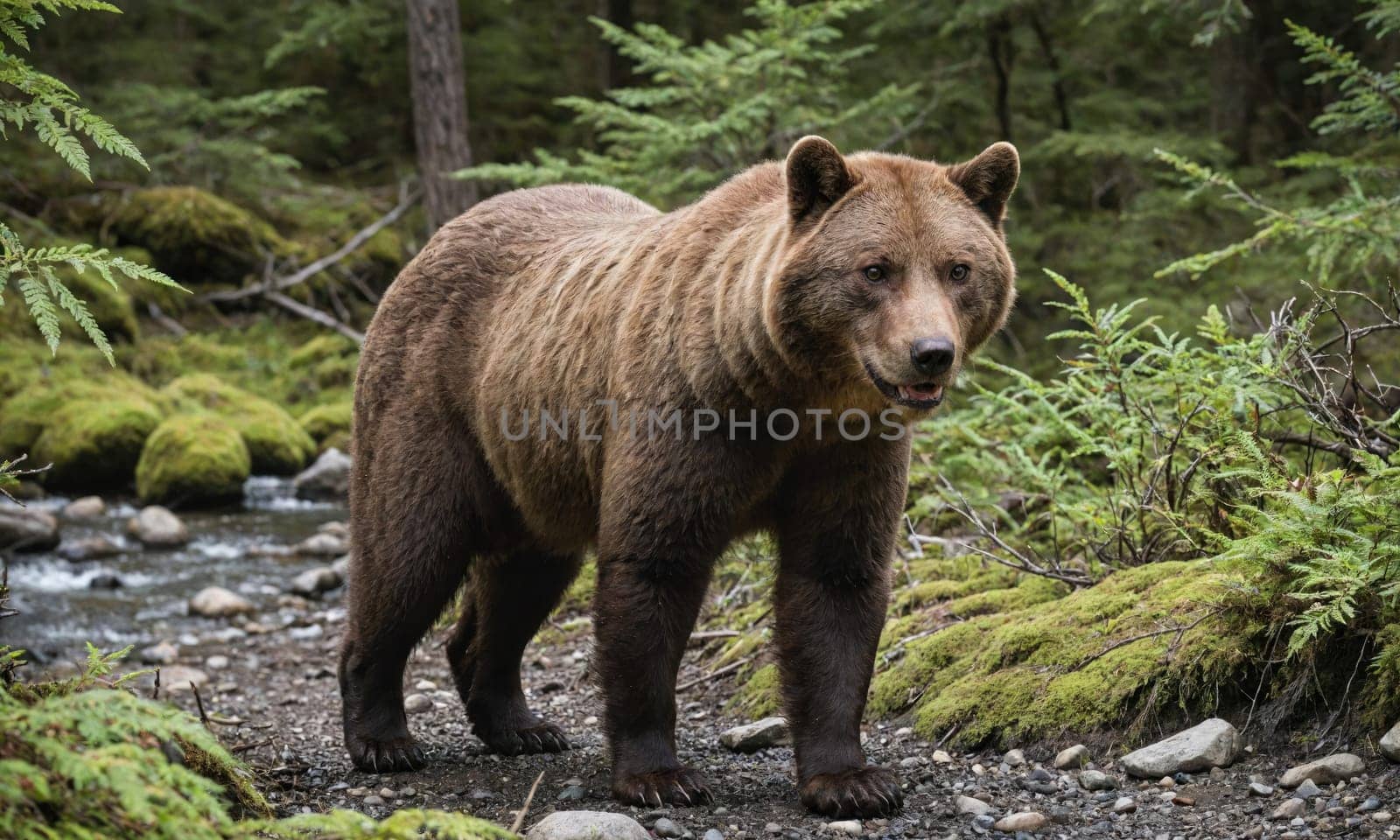A brown bear walks through a dense forest with a stream in the foreground. The bear is walking towards the right side of the image. The forest is full of green foliage, including ferns and moss.