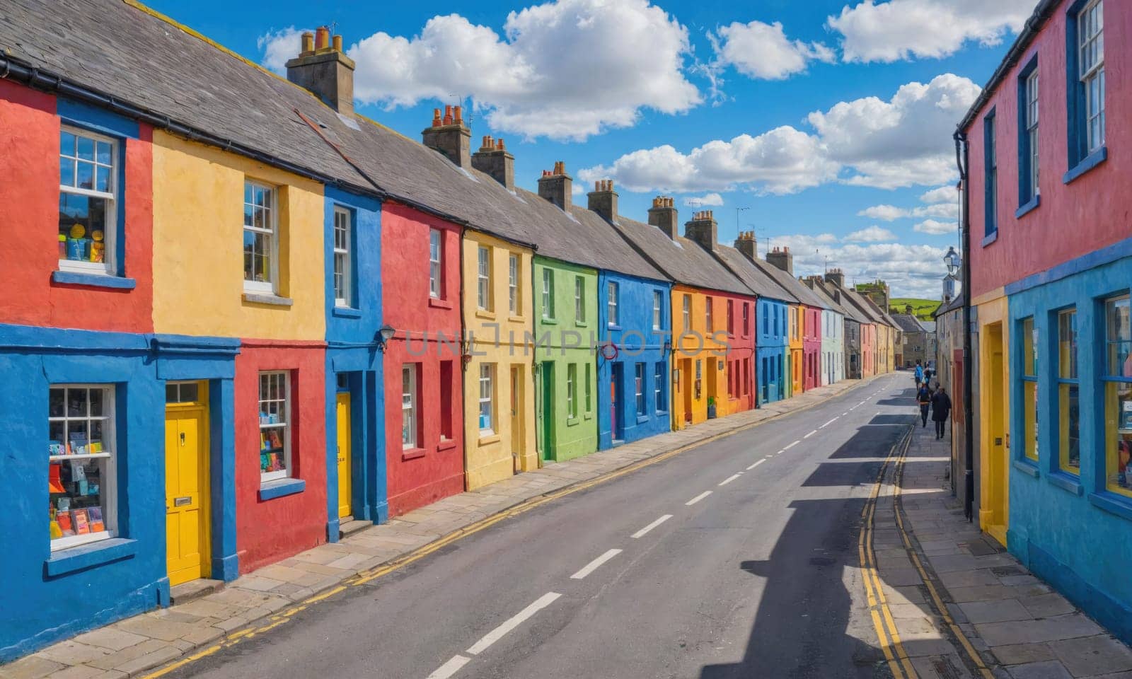 A street lined with houses painted in various bright colors, including red, yellow, blue, green, and orange, under a clear blue sky with fluffy white clouds.