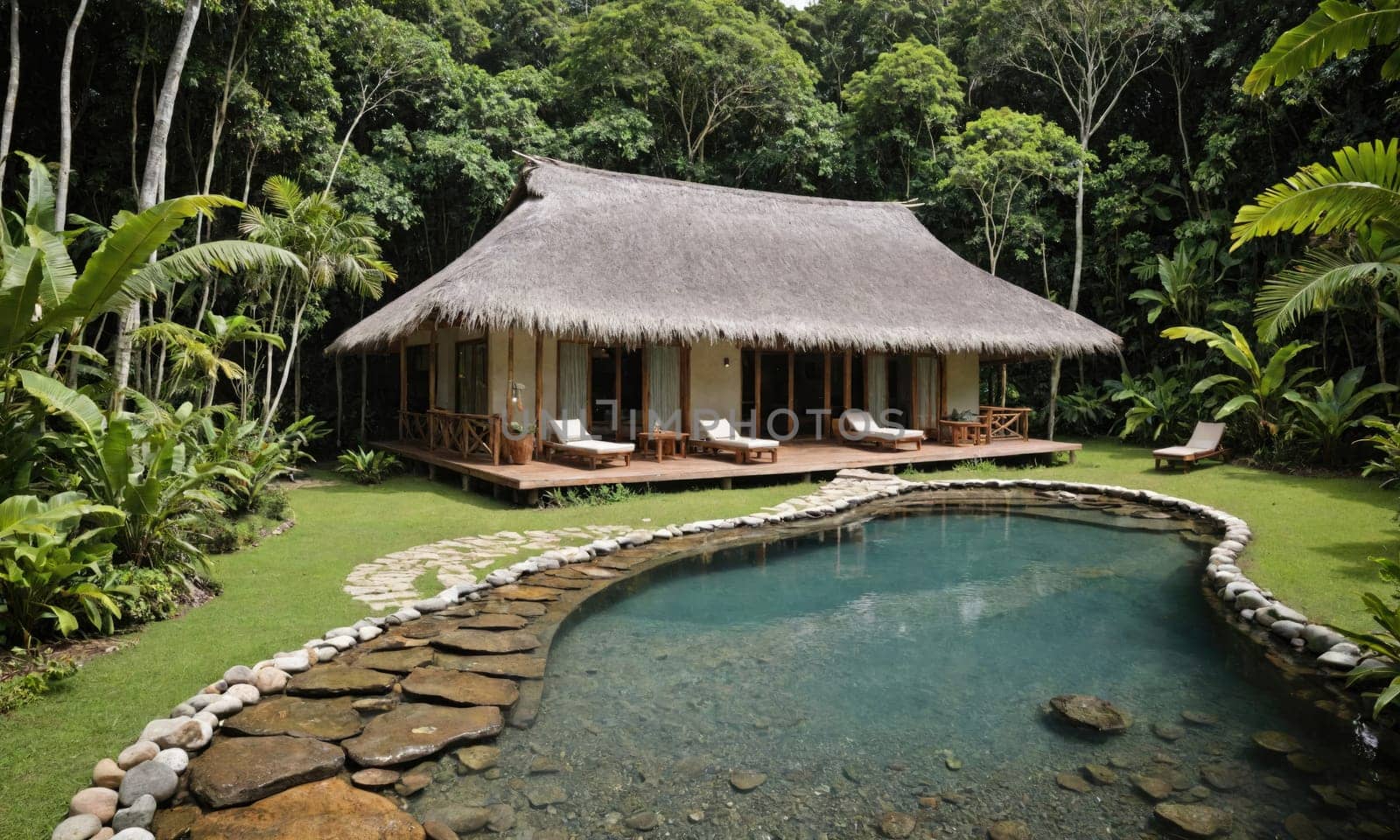 A single-story bungalow with a thatched roof and a large wooden deck sits in a jungle clearing