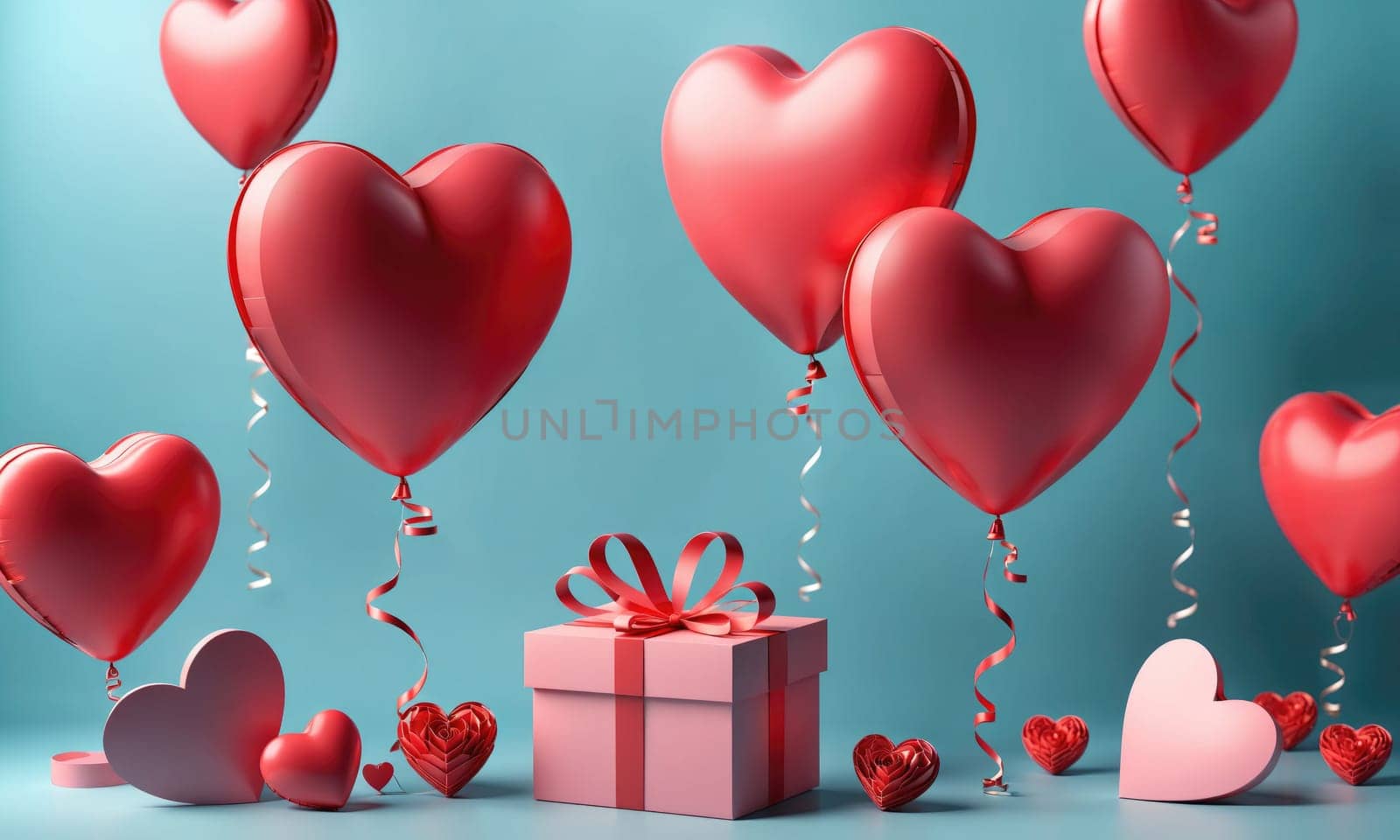 Heart-shaped balloons, some with curly ribbons, float on a light blue background. A pink gift box with a red ribbon sits in the middle of the scene
