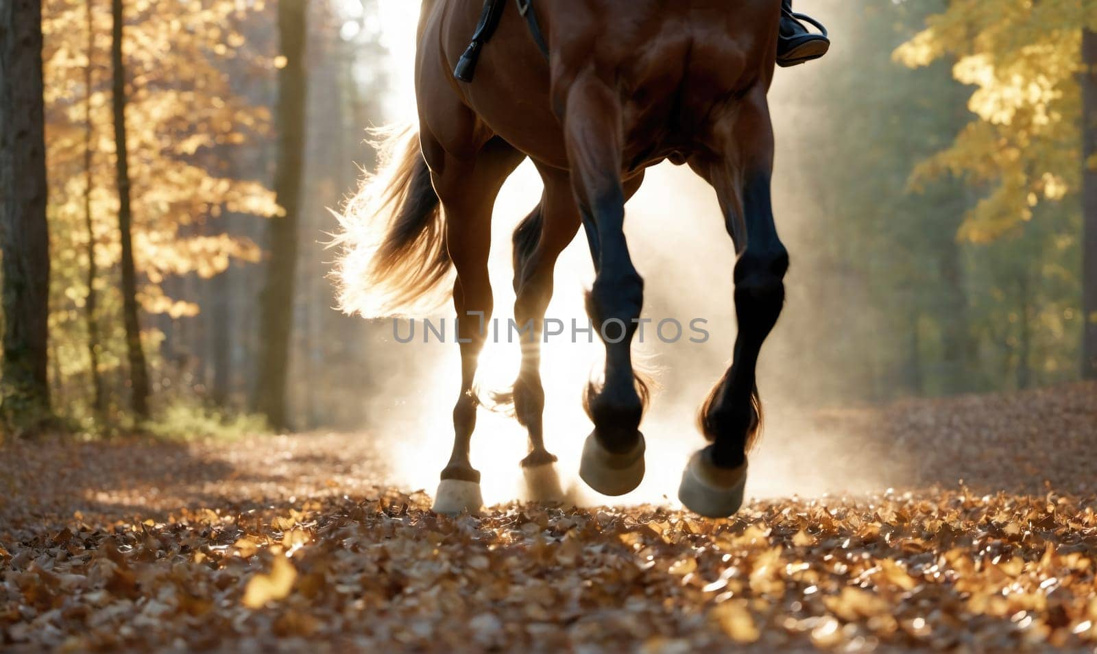 A brown horse runs through a forest path covered with fallen leaves. The sun shines through the trees, creating a hazy glow behind the horse.
