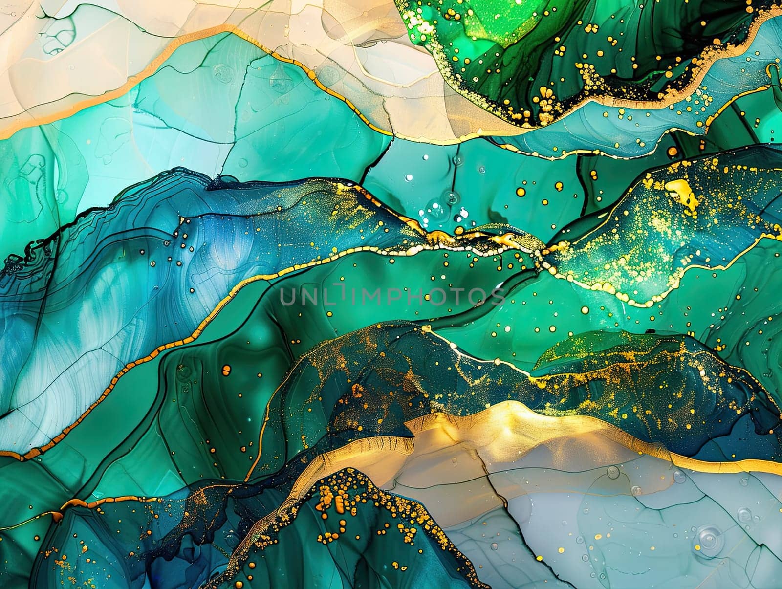 A stunning artwork showcases flowing layers of green and blue with striking gold highlights, creating a harmonious composition that inspires peace and creativity.