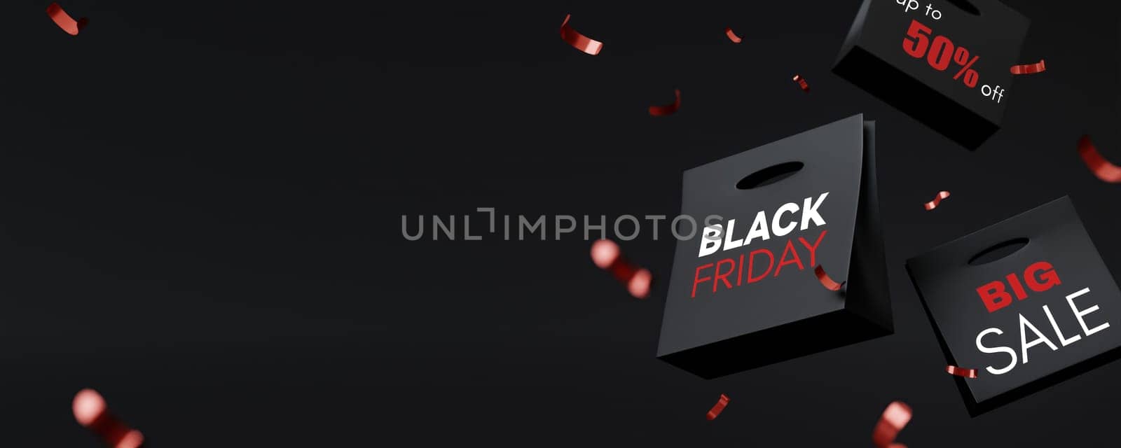 A 3D render featuring Black Friday shopping bags with bold sale announcements, complemented by festive confetti, emphasizing modern retail and promotional trends