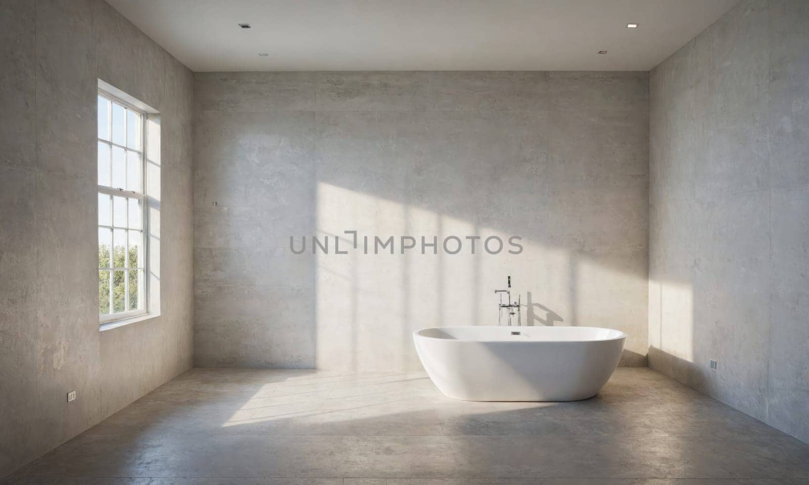 A modern, minimalist bathroom with white walls and a concrete floor. A freestanding bathtub sits in the corner, with sunlight streaming in through a large window