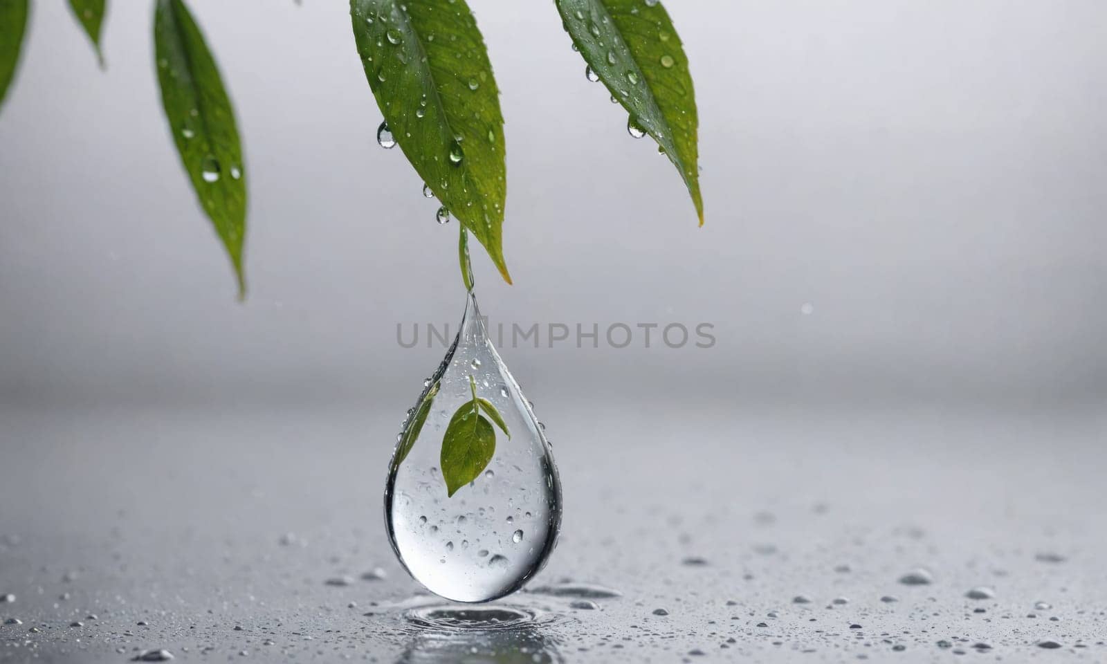 A large water drop hangs from a leaf, about to fall. The surface below it is covered in smaller water droplets.