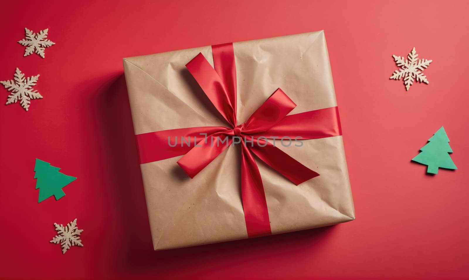 A brown, rectangular gift is wrapped in brown paper with a red satin ribbon tied in a bow. The gift is surrounded by red paper with small green and white Christmas-themed decorations.
