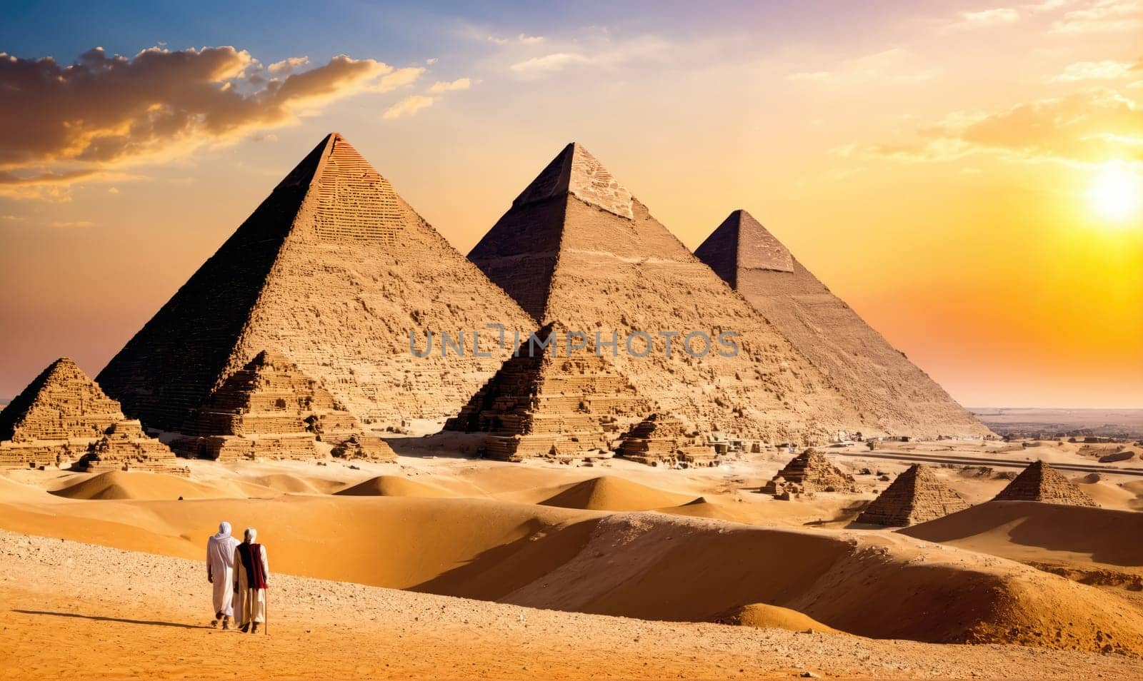 The image features three massive pyramids, the Great Pyramids of Giza, in the Egyptian desert. Two people walk towards them in the sand, with the setting sun casting a warm glow over the landscape.